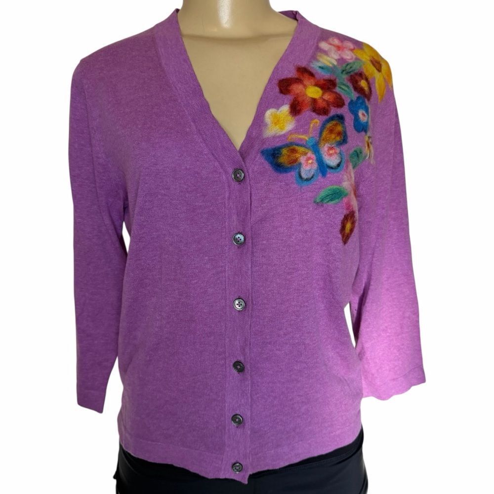 Sundance Saccharine button V neck butterfly floral appliqué cardigan Sweater S